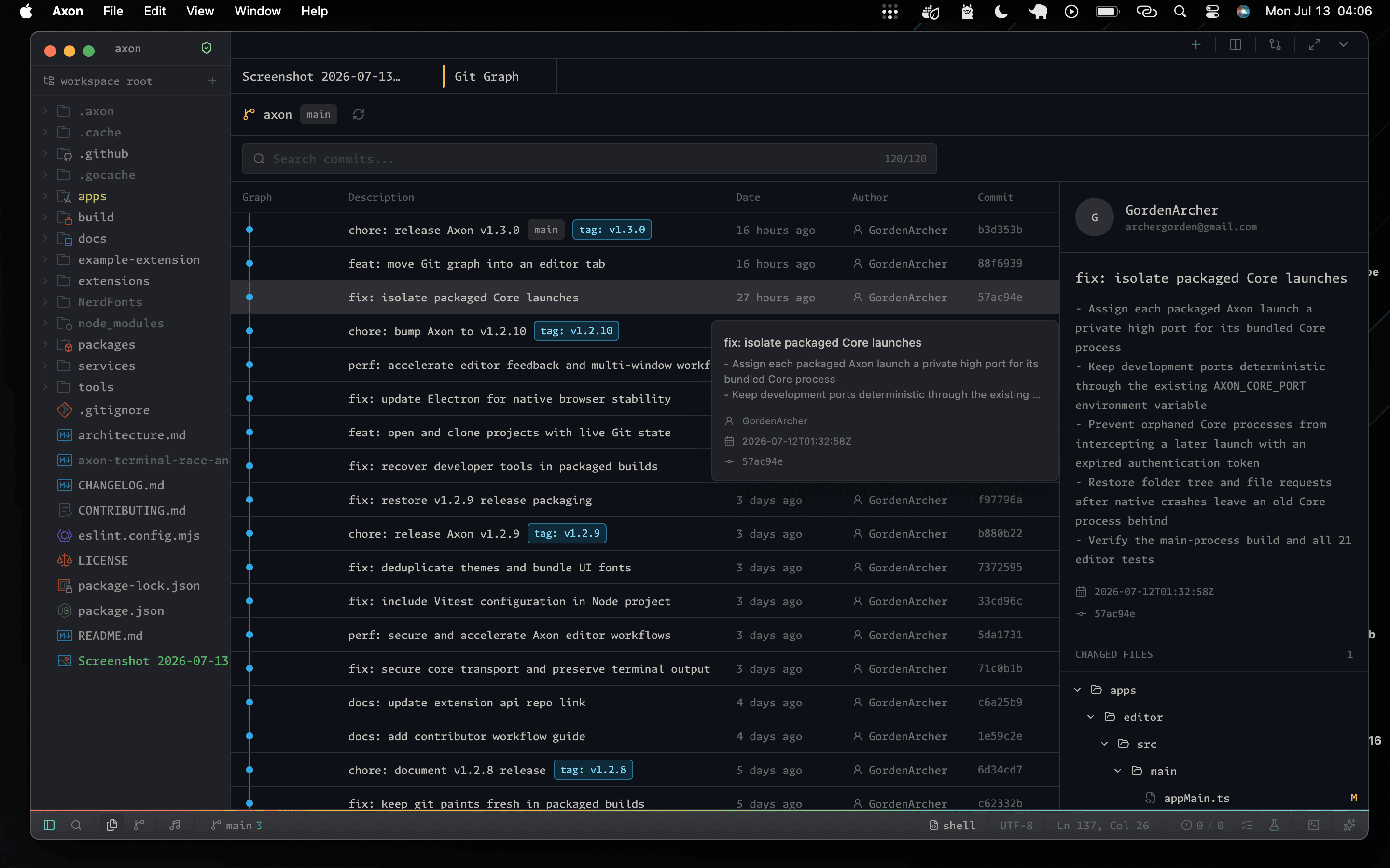Axon Git Graph with selected commit details, changed-file tree, and delayed hover preview
