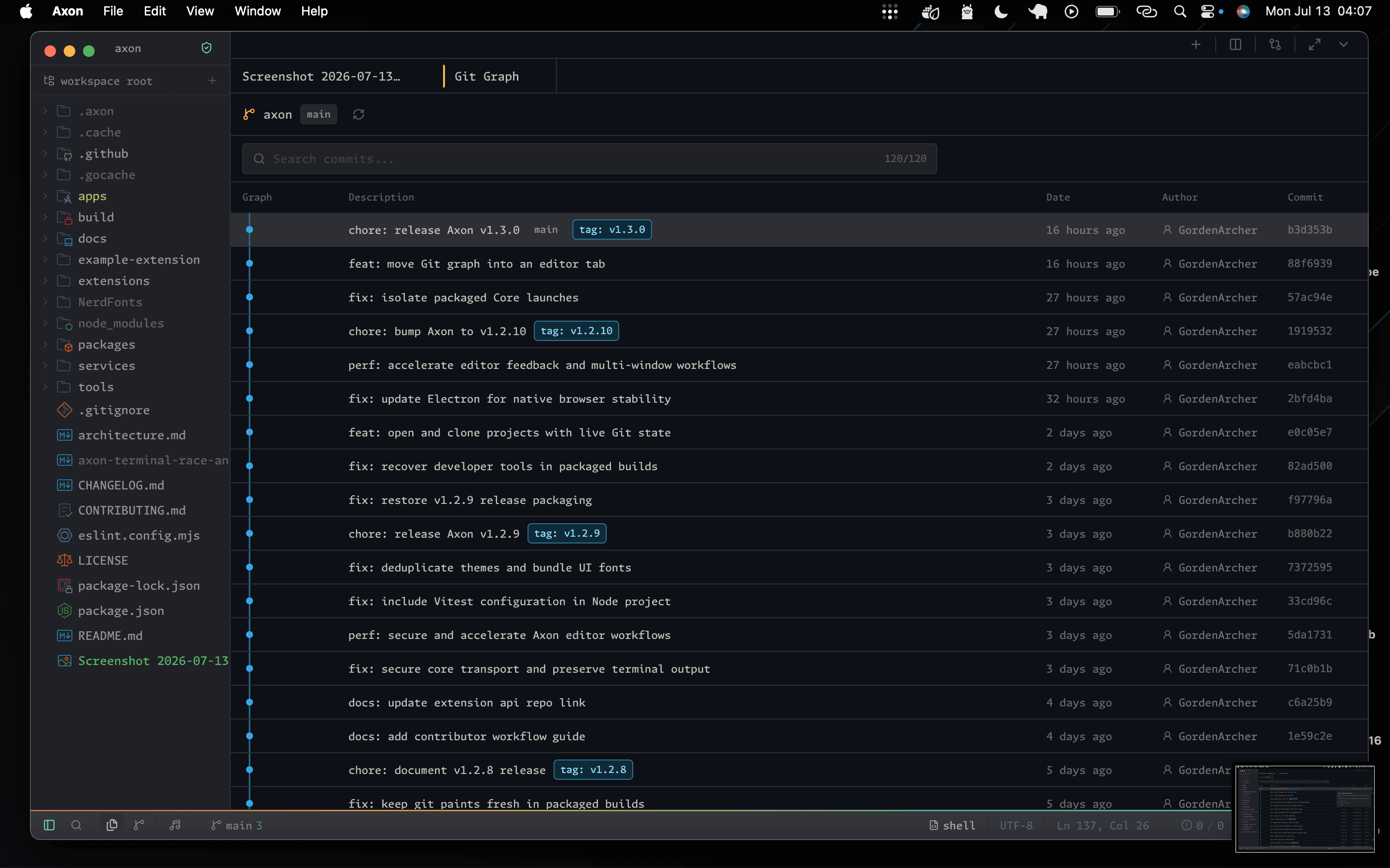 Axon Git graph open as an editor tab