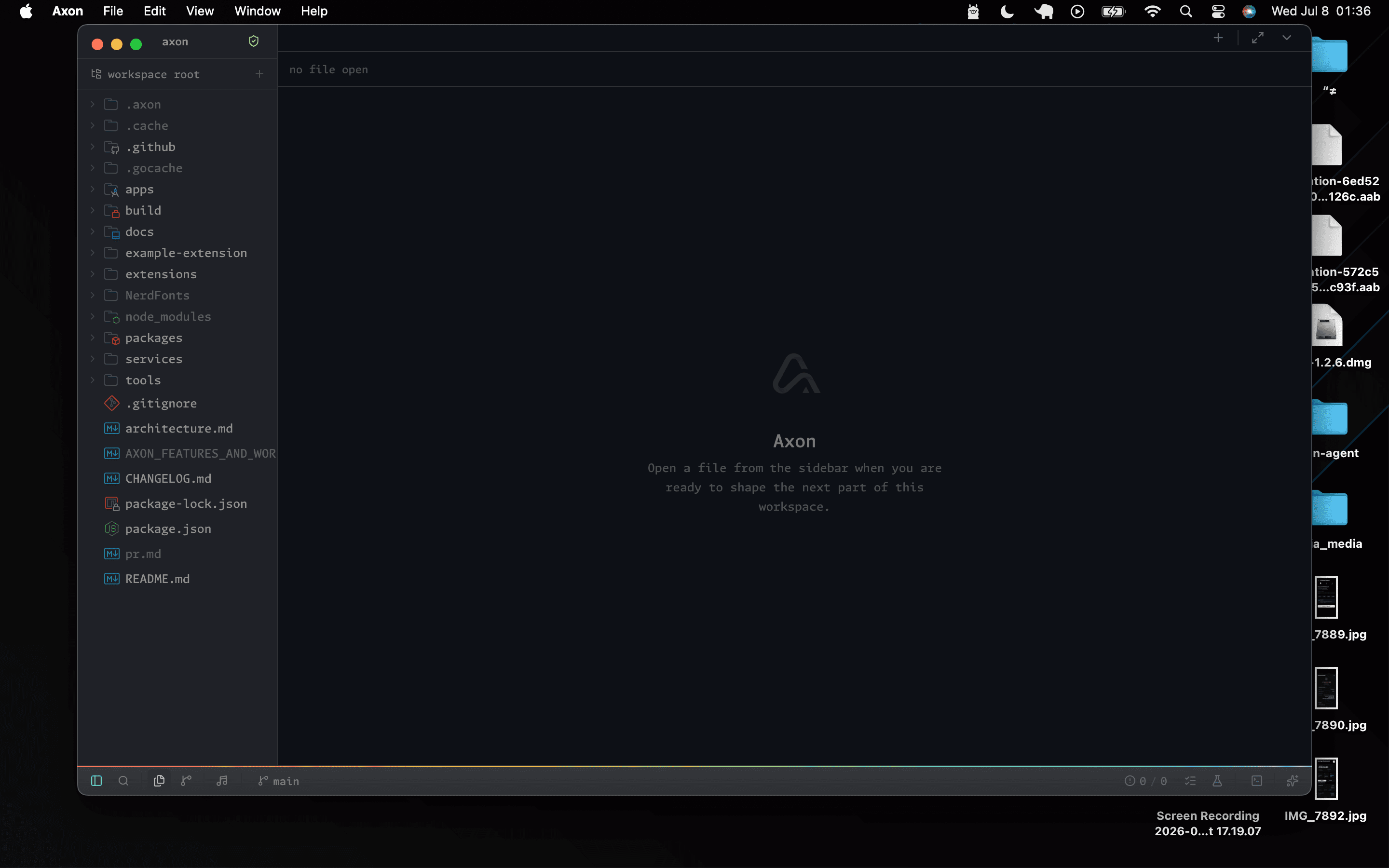 Axon workspace with file tree and empty editor