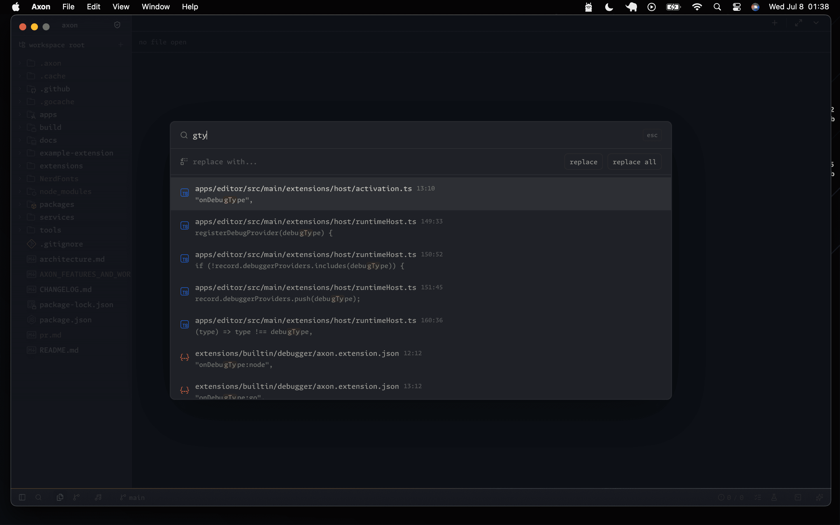 Axon workspace search showing matches grouped by source file