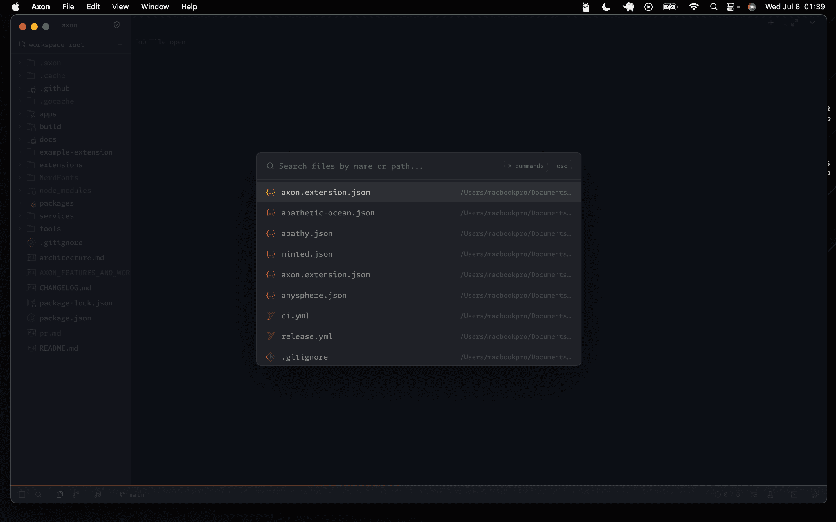 Axon quick file picker listing files by name and path