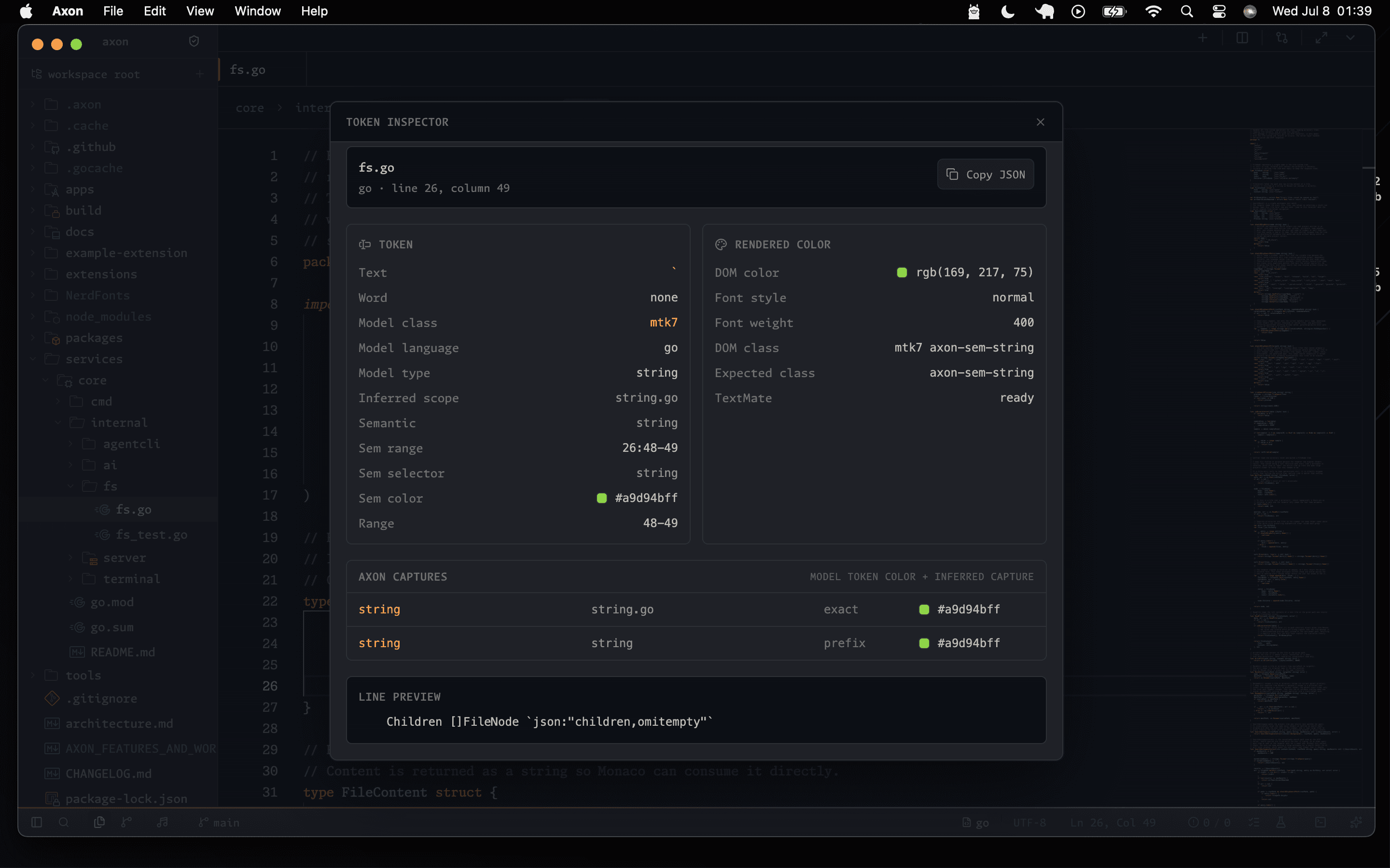 Axon token inspector showing semantic scope and rendered theme color