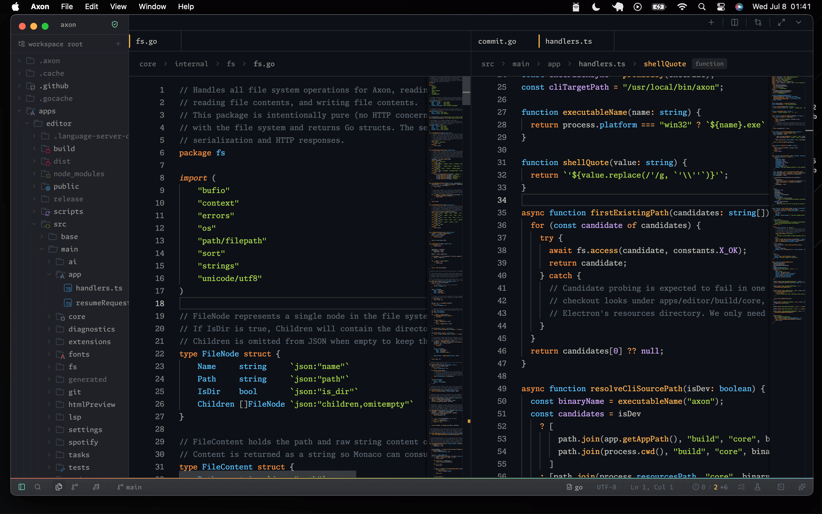 Axon showing Go and TypeScript files in two editor panes