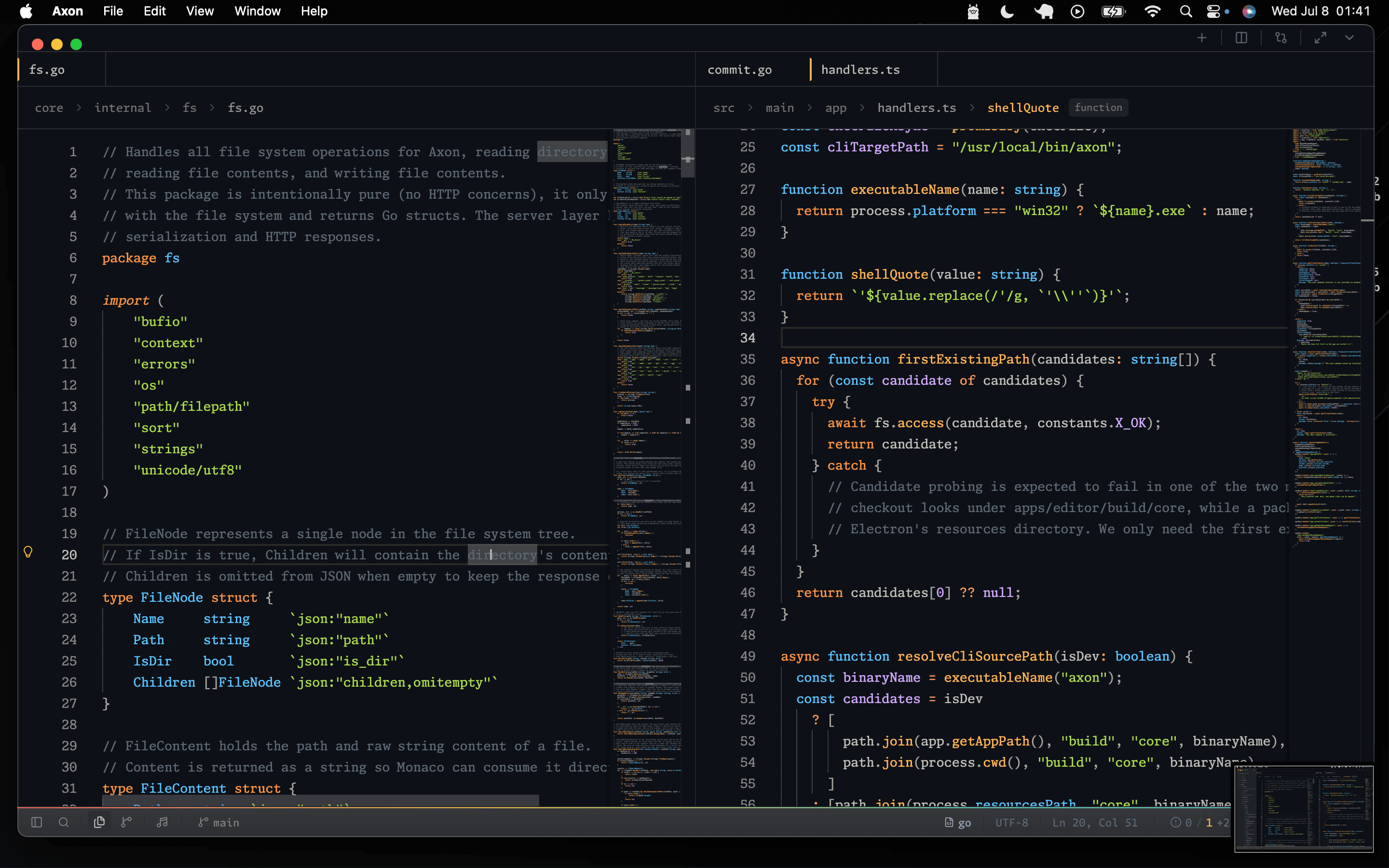 Axon split panes in a focused editor layout