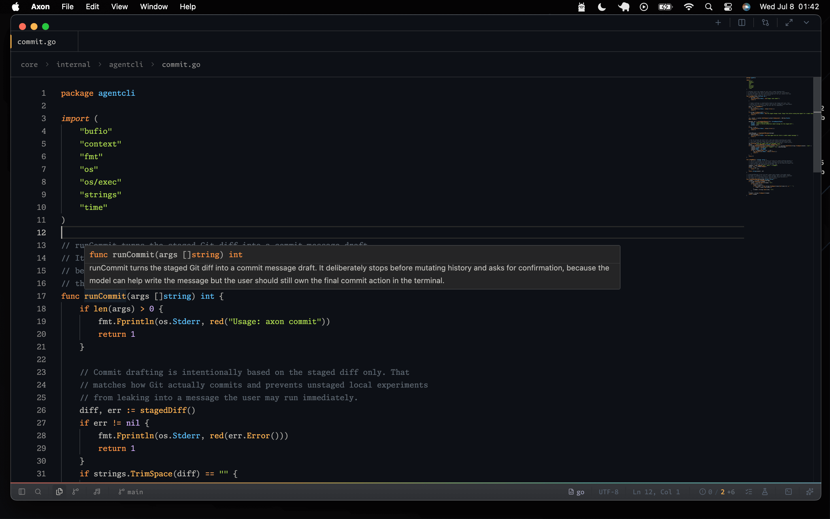 The Axon editor showing a development workspace