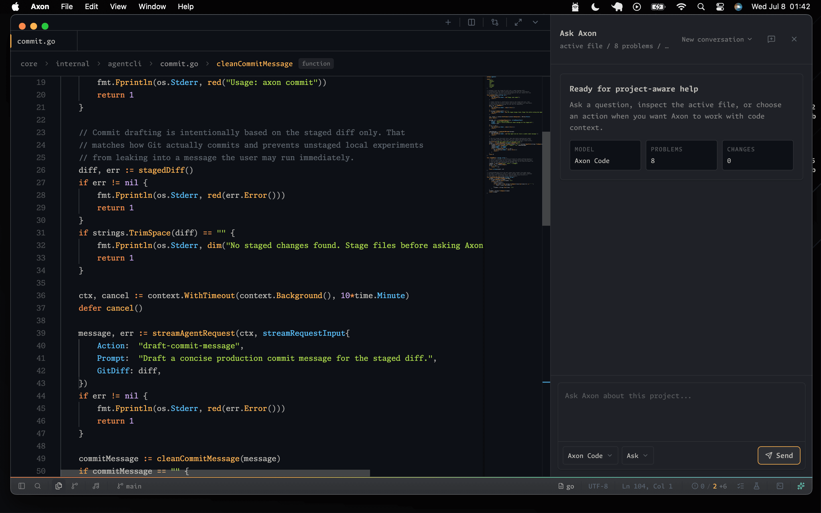 Ask Axon panel open beside the active code editor
