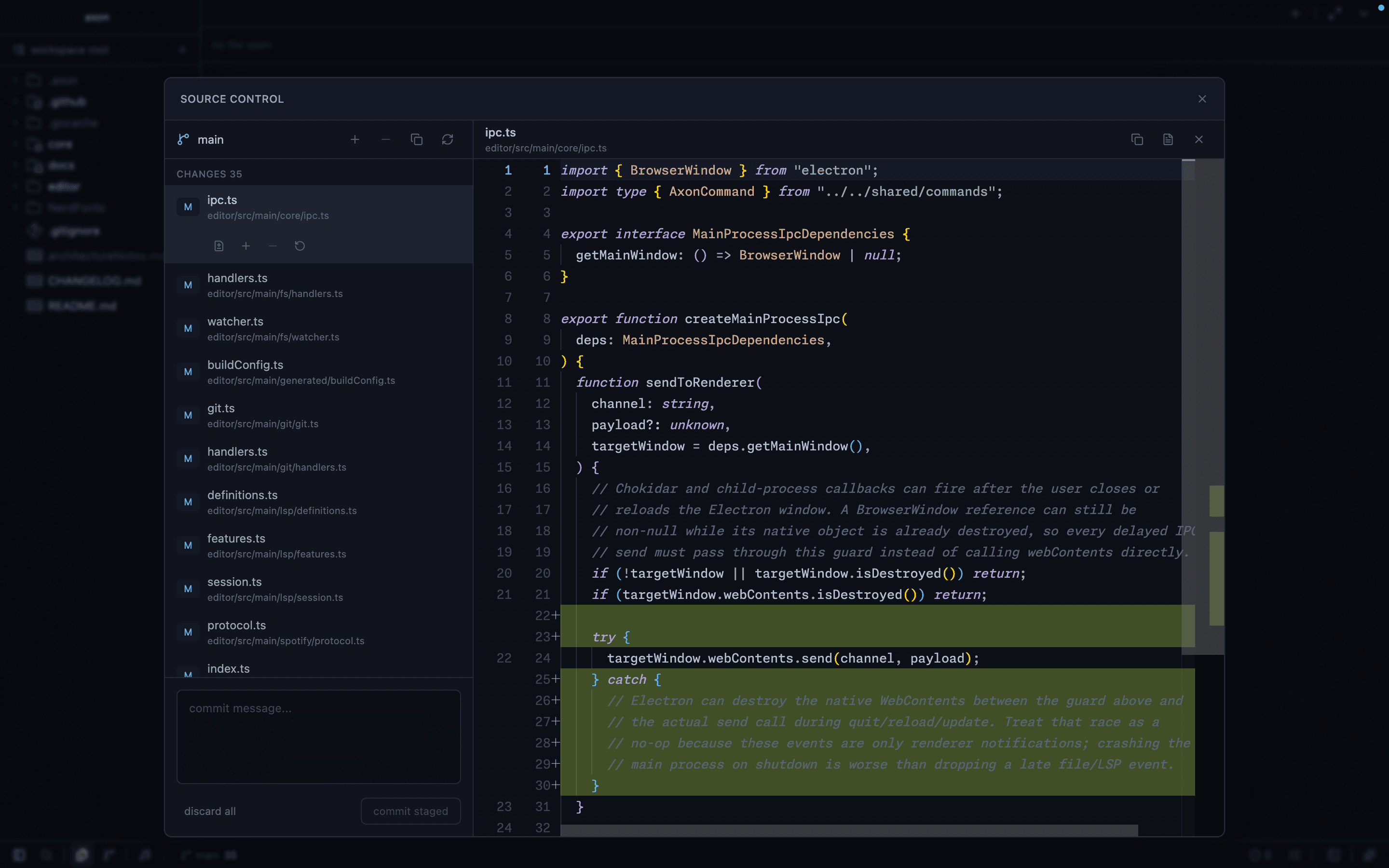 Axon Source Control panel showing changed files, staging controls, commit message input, and inline diff