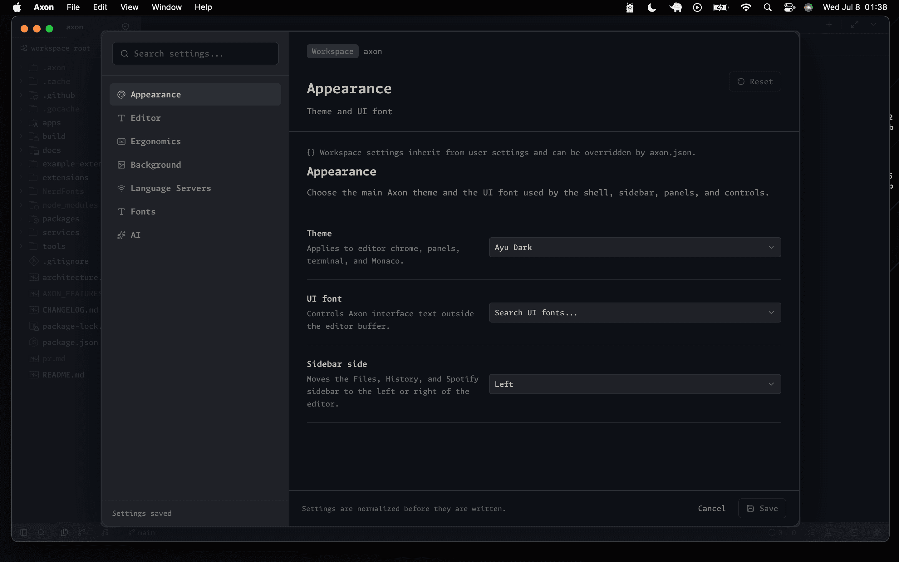 Axon settings modal