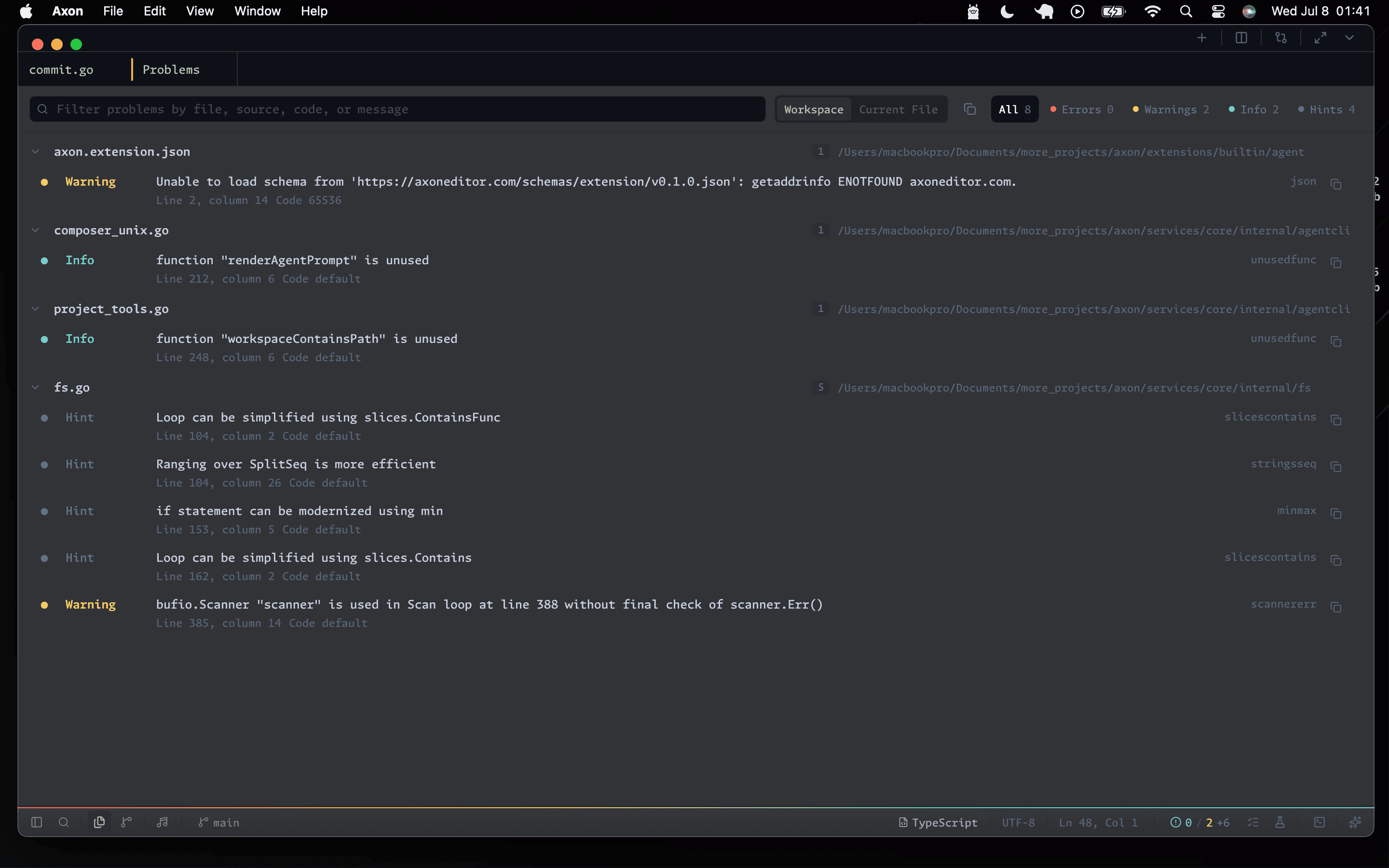 Axon Problems view grouping diagnostics by file and severity