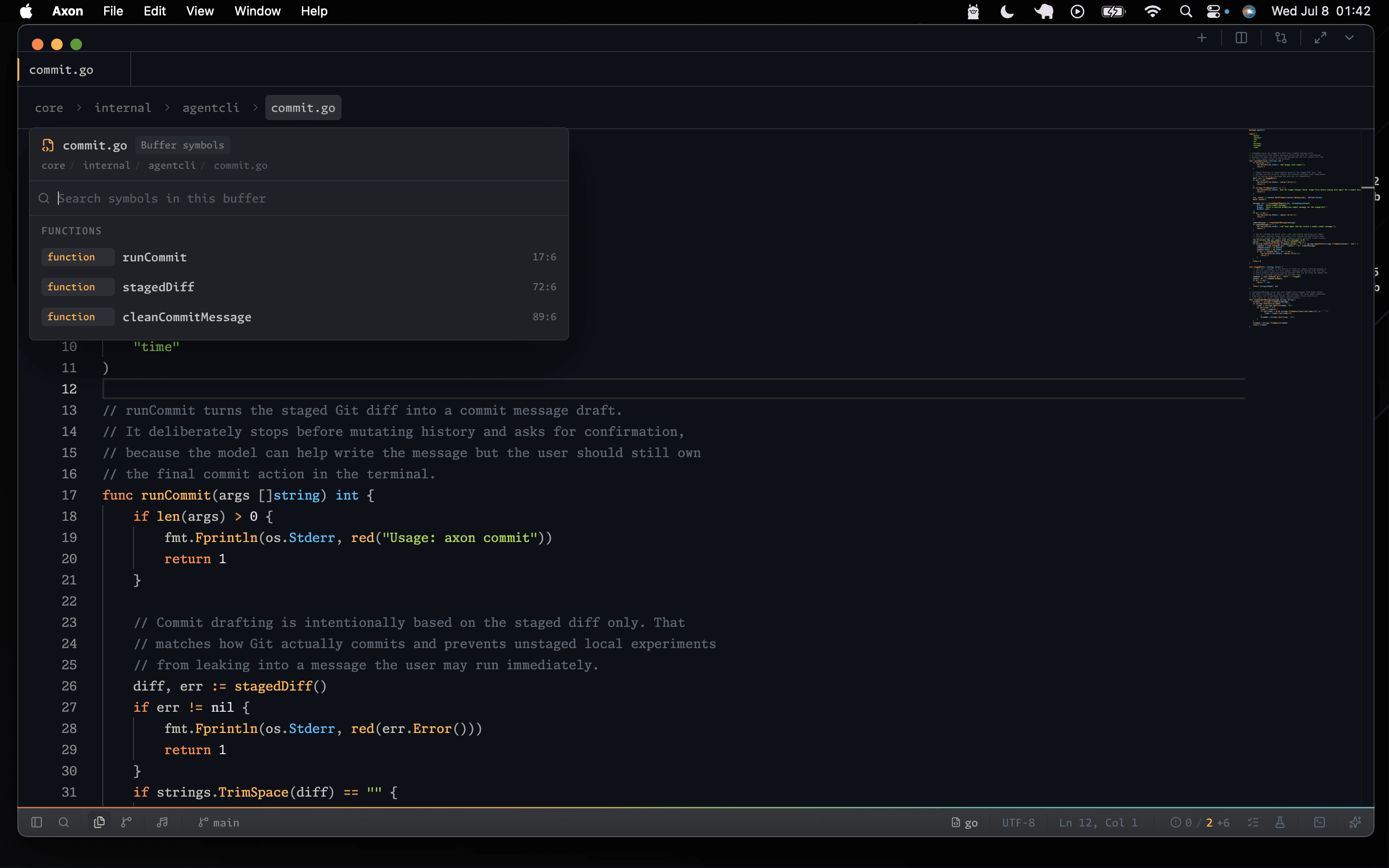 Axon buffer symbol picker listing functions in the active Go file